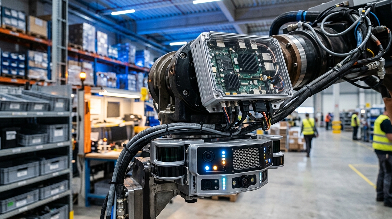 Módulo de cómputo industrial Nvidia Halos para robots humanoides en una planta