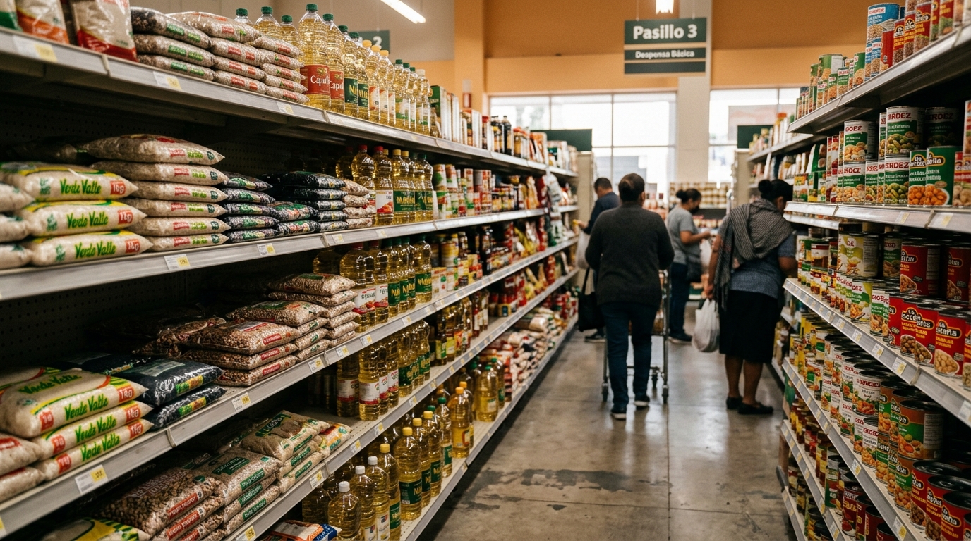 Estantería de supermercado con productos de la canasta básica en Durango