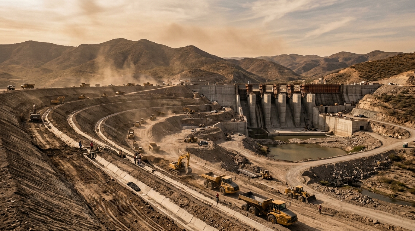 Presa Tunal II en construcción en Durango con maquinaria y cortina de concreto