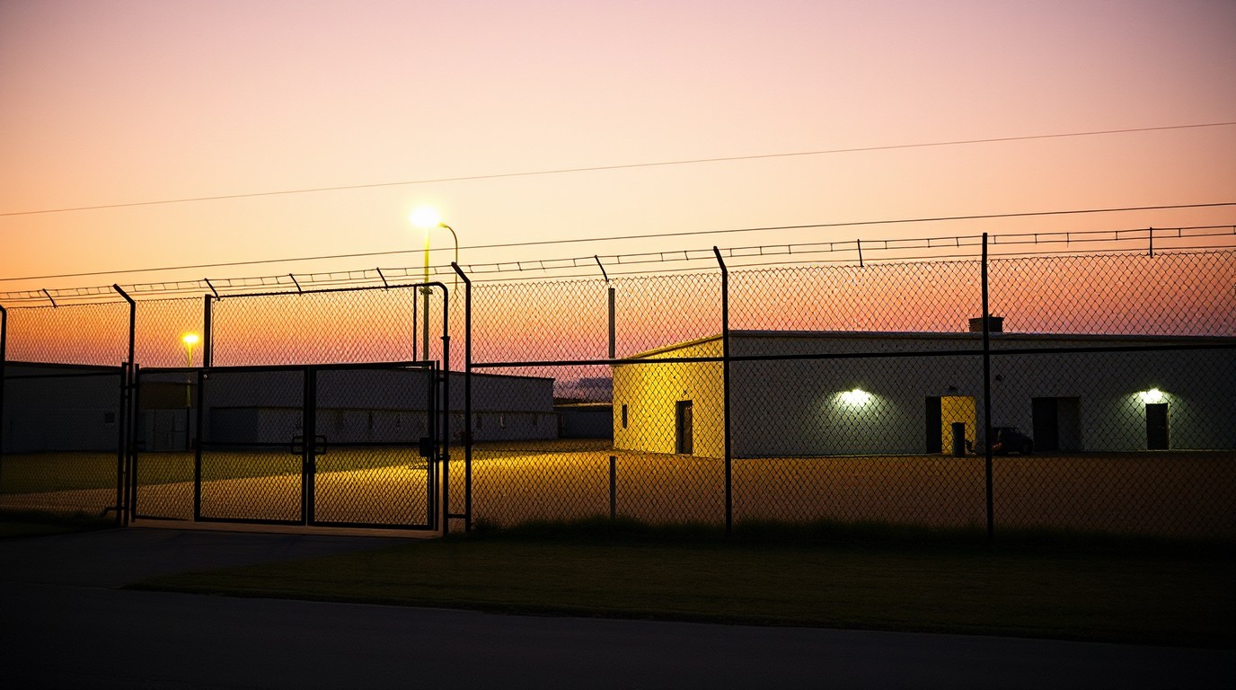 Reja y muro del centro de detención migratorio en Laredo con luz de amanecer